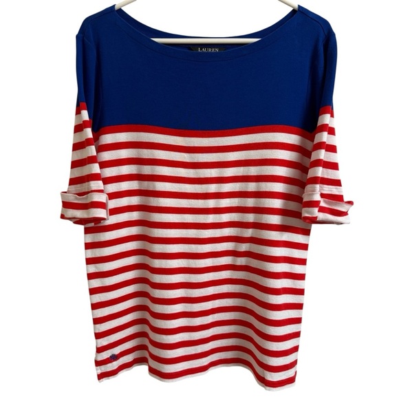 Lauren Ralph Lauren Womens Size 1X XL Red White Blue Stripe Boat Neck Top Preppy - Picture 2 of 10